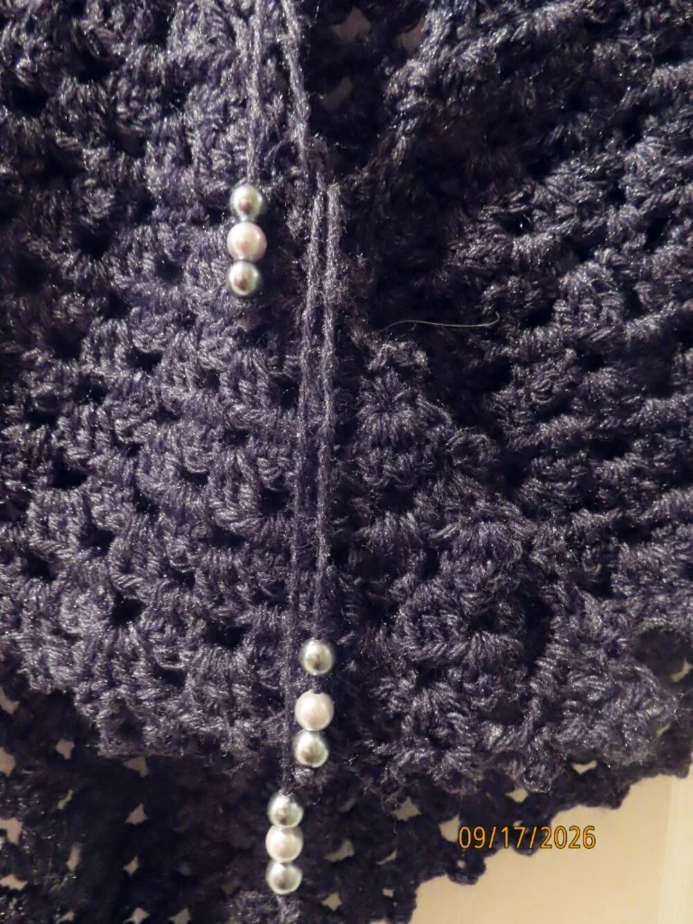 Hand crocheted black wool shawl